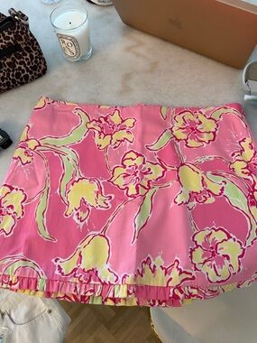 Lilly Pulitzer Pink Floral Mini Skirt with Yellow & Green Accents